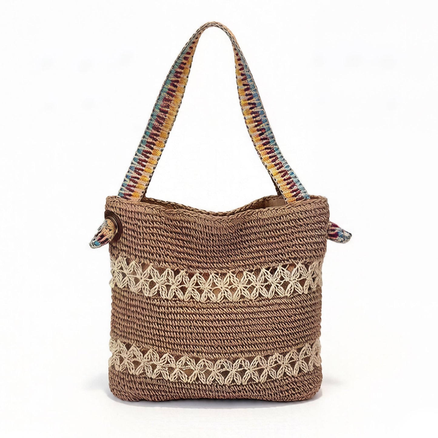 Crochet Shoulder Bag with Patterned Strap Knit Hobo Handbag Lined Casual Everyday Tote