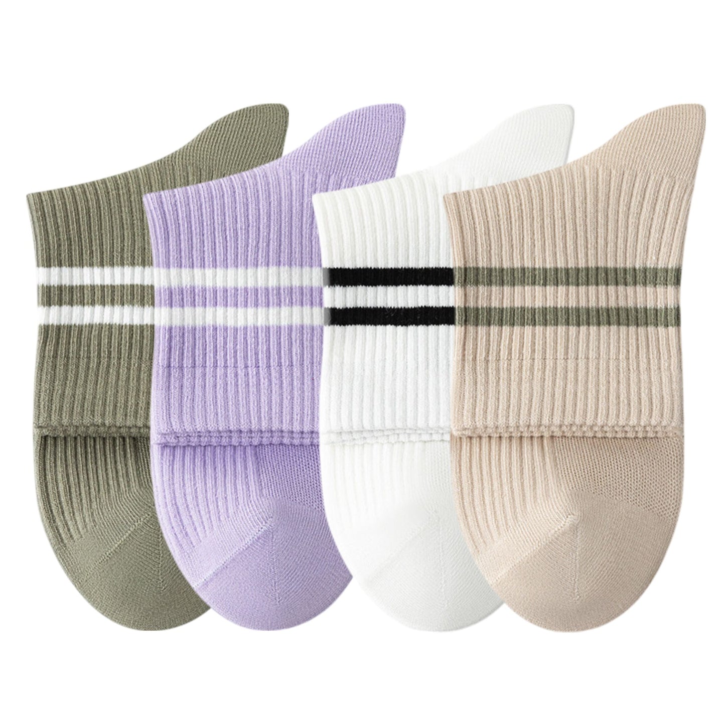 Womens Athletic Crew Socks 4-Pack Ribbed Knit Design Contrast Double Stripe Stretch Comfort Everyday Fit
