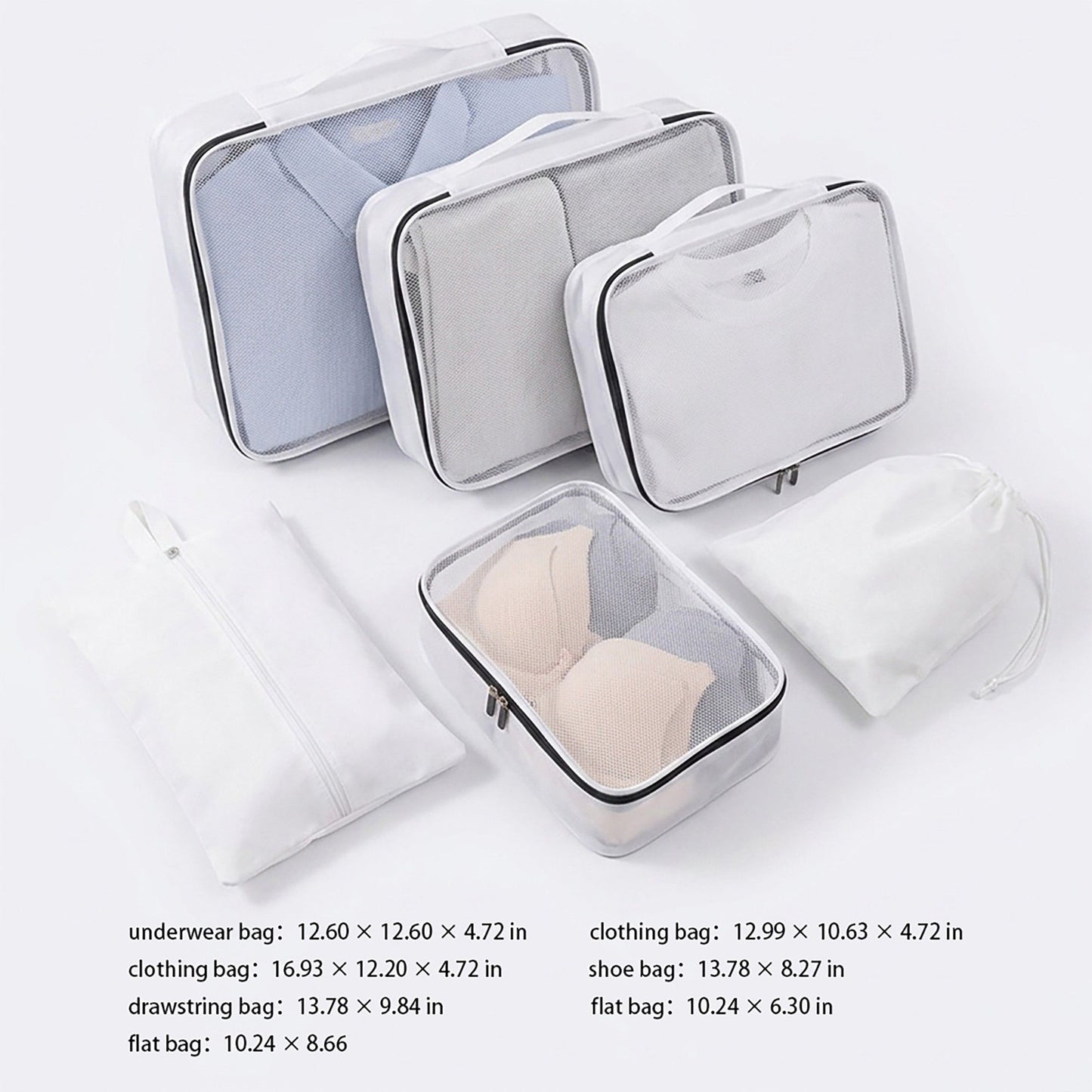 Travel Packing Cube Set with Mesh Organizer Bags Zipper Pouches Drawstring Storage Lightweight Luggage Set