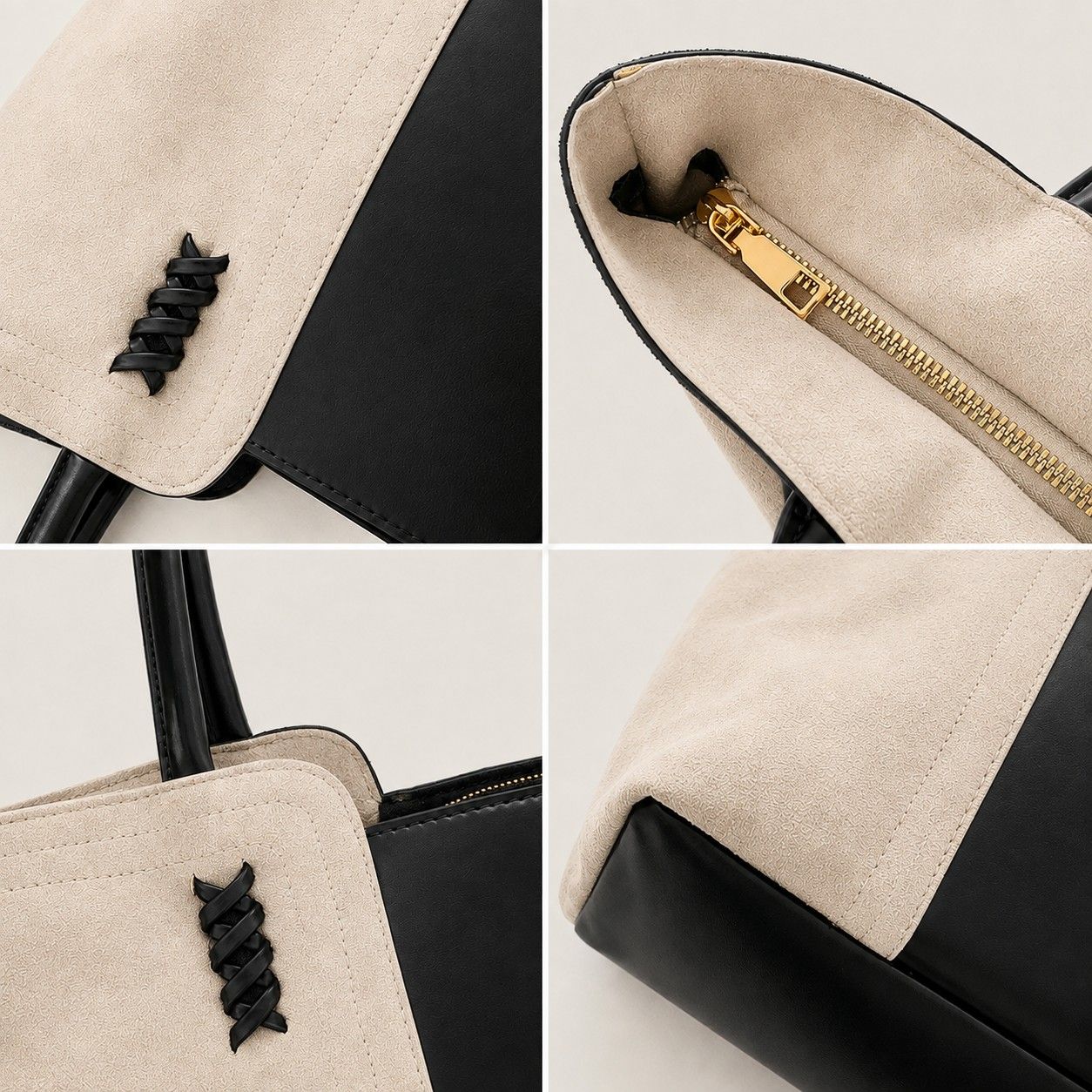 Faux Suede Tote Bag with Double Shoulder Handles Zip Closure and Interior Pockets