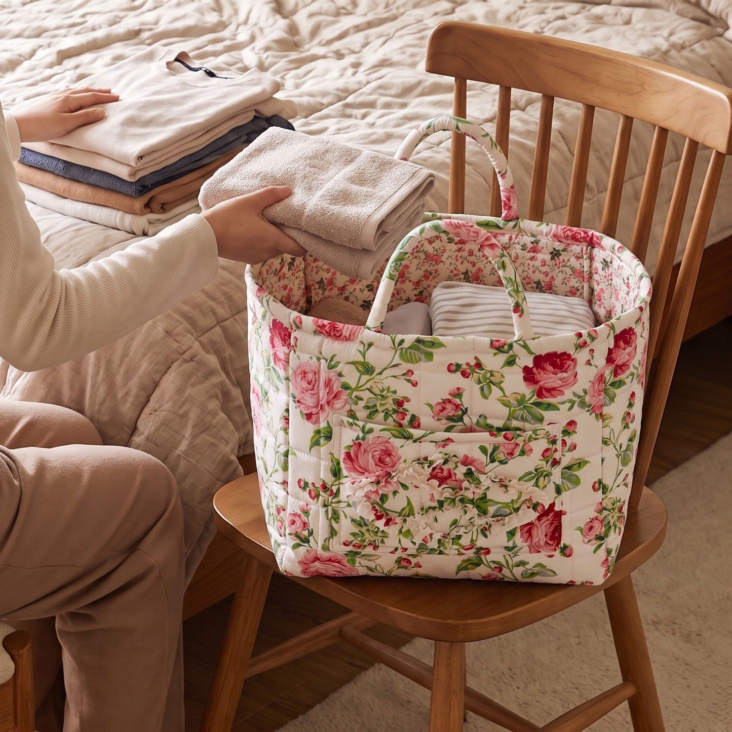 Quilted Floral Storage Basket with Handles and Front Pocket
