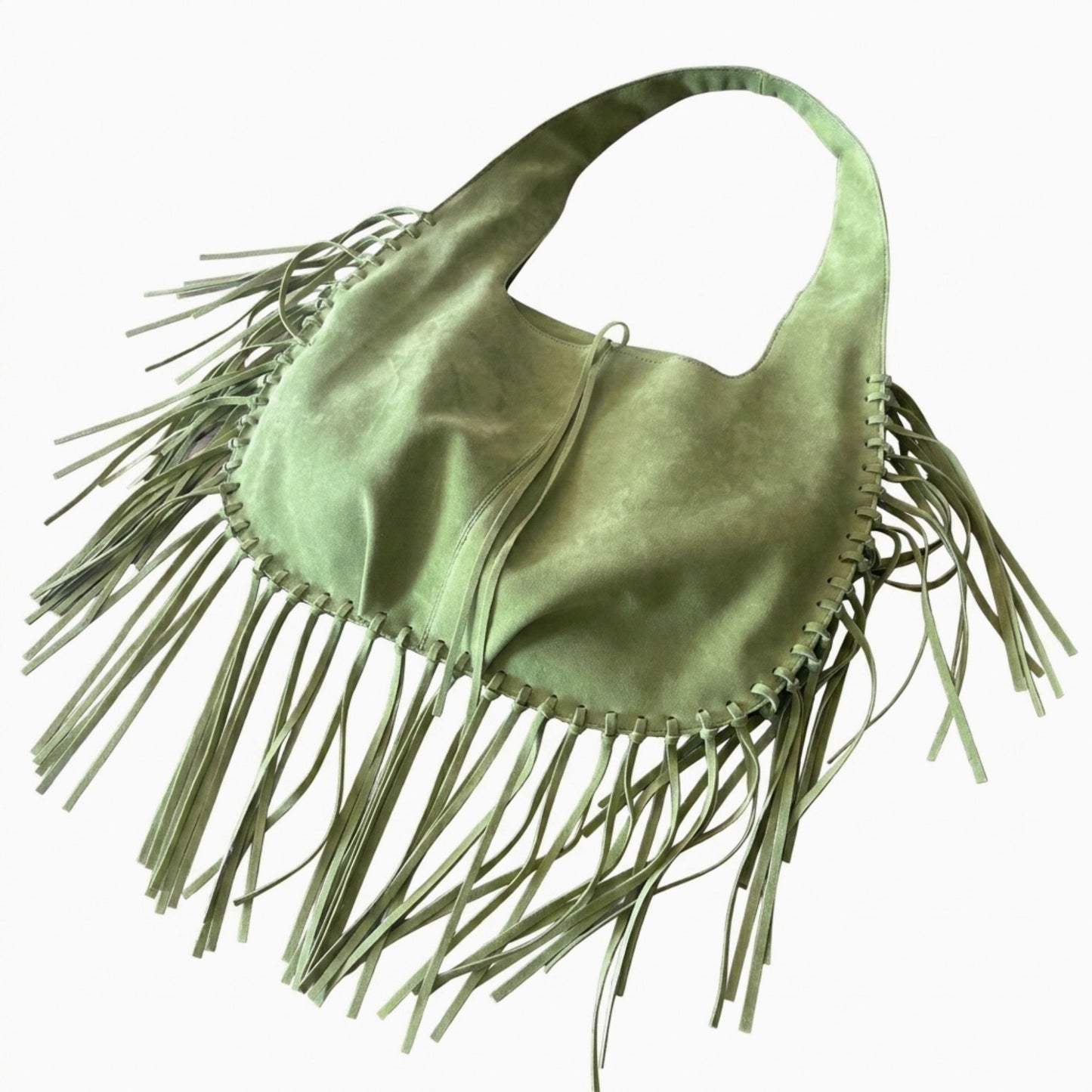 Slouchy Fringe Hobo Shoulder Bag with Tie Closure and Inner Pockets