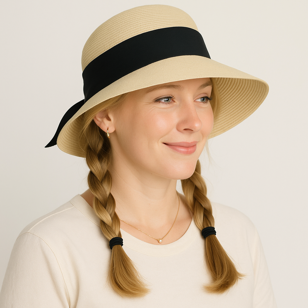 Women's Woven Floppy Sun Hat with Wide Ribbon Knot Detail and Curved Brim