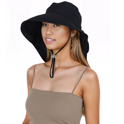 Sun Hat Wide Brim Bucket Hats with Neck Flap & Ponytail Hole