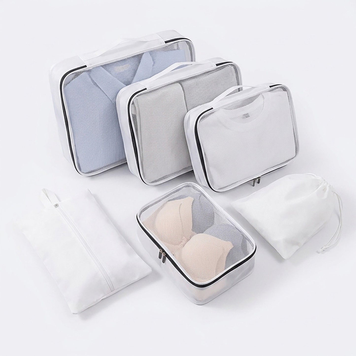Travel Packing Cube Set with Mesh Organizer Bags Zipper Pouches Drawstring Storage Lightweight Luggage Set