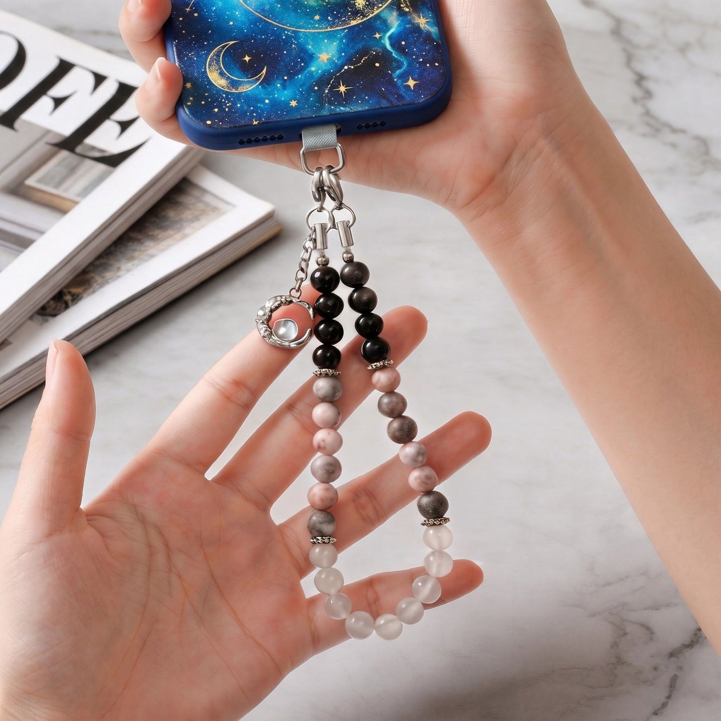 Beaded Phone Wrist Strap with Crescent Moon Charm