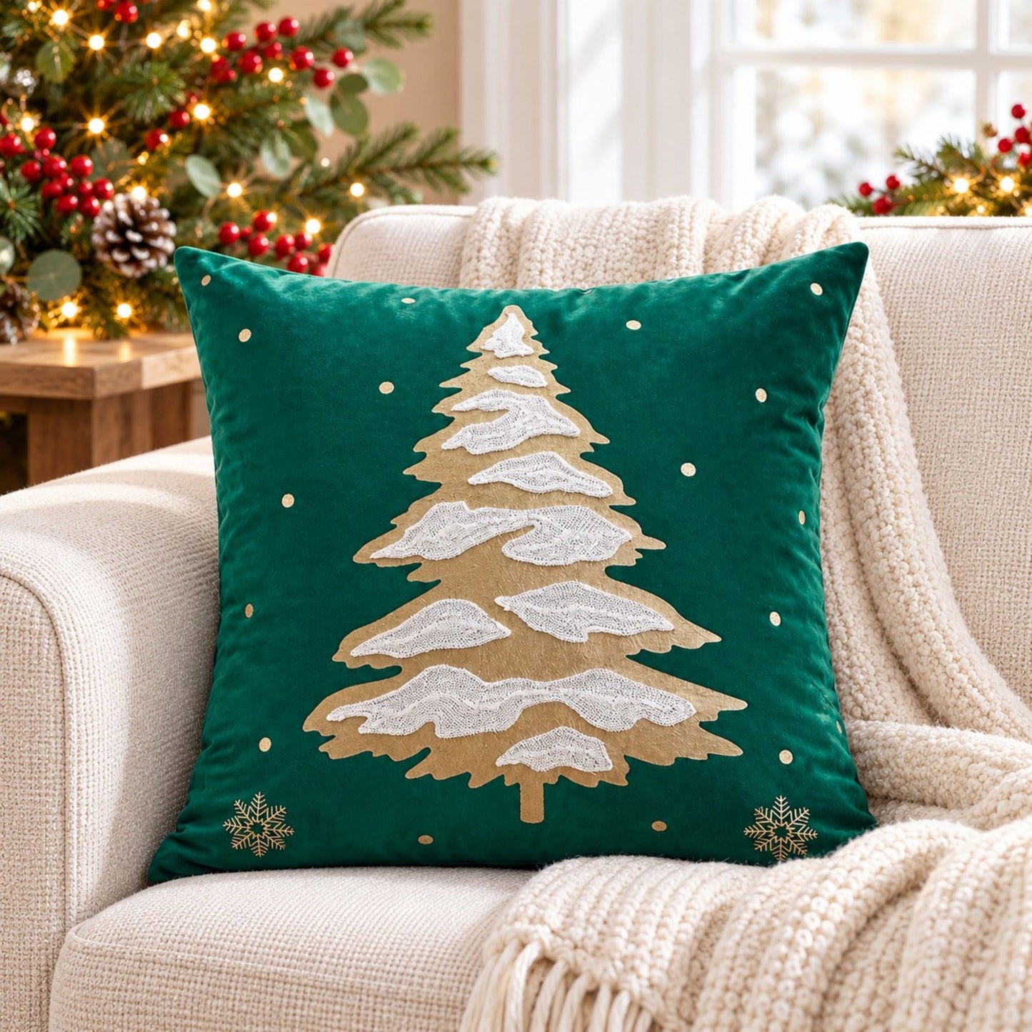 Christmas Tree Embroidered Decorative Throw Pillow Cover (Single Piece)
