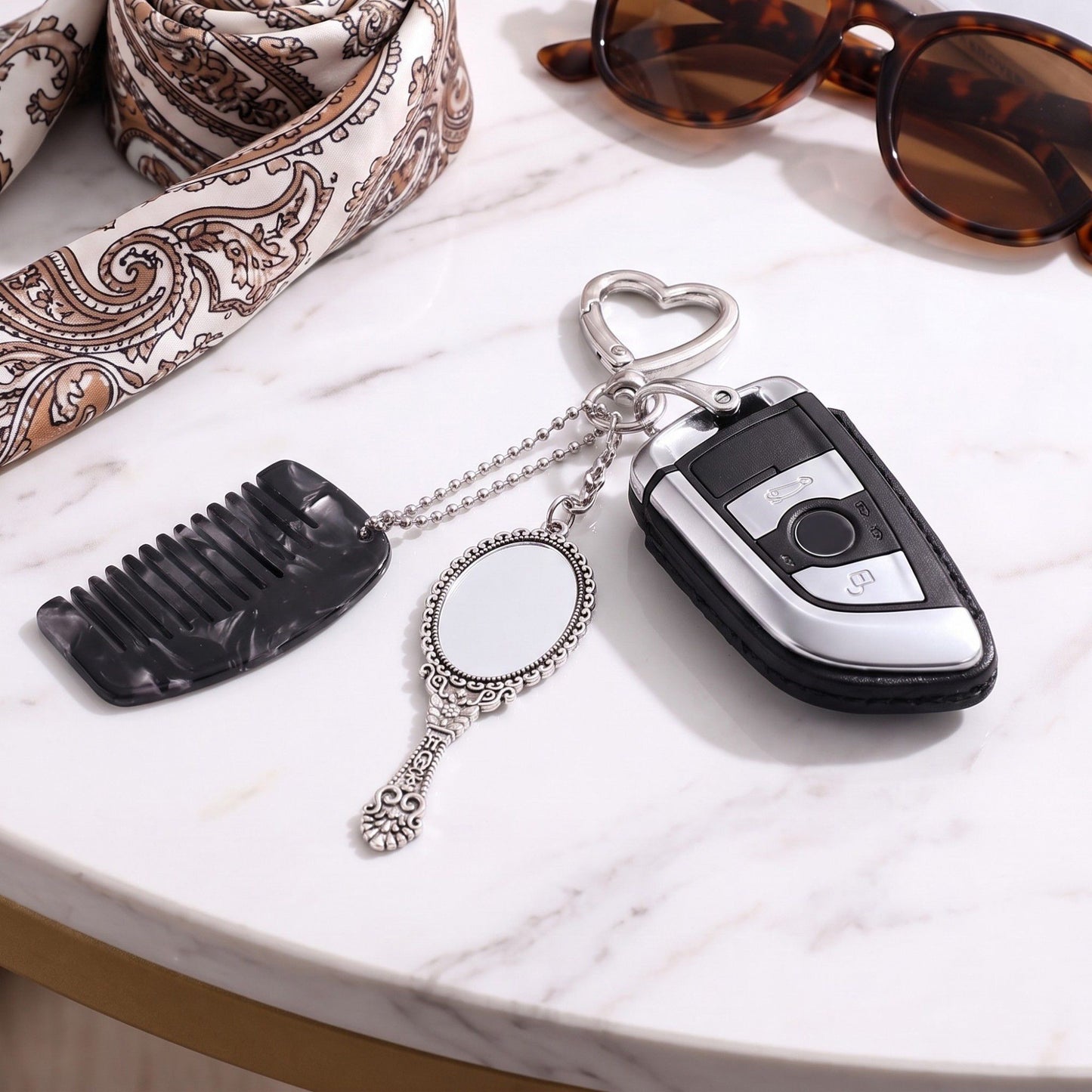 Mirror and Mini Comb Keychain Bag Charm with Heart Clip