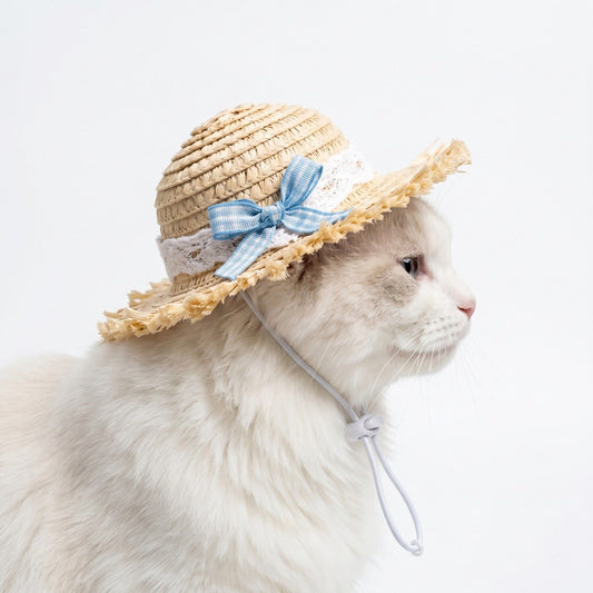 Pet Straw Sun Hat with Lace Trim Bow Adjustable Chin Strap Summer Costume Hat for Cats and Small Dogs