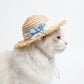 Pet Straw Sun Hat with Lace Trim Bow Adjustable Chin Strap Summer Costume Hat for Cats and Small Dogs