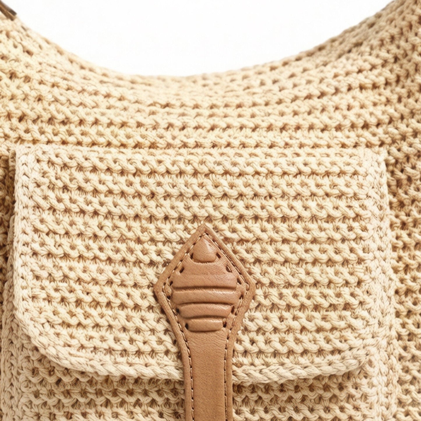 Woven Crochet Hobo Bag with Flap Pocket Leather Strap Slouchy Shoulder Handbag Lightweight Knit Tote