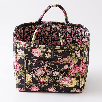 Quilted Floral Storage Basket with Handles and Front Pocket