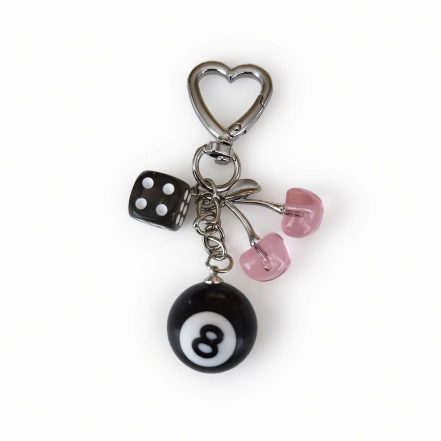 8 Ball Cherry Dice Charm Keychain with Heart Clip Novelty Bag Charm Key Ring Accessory