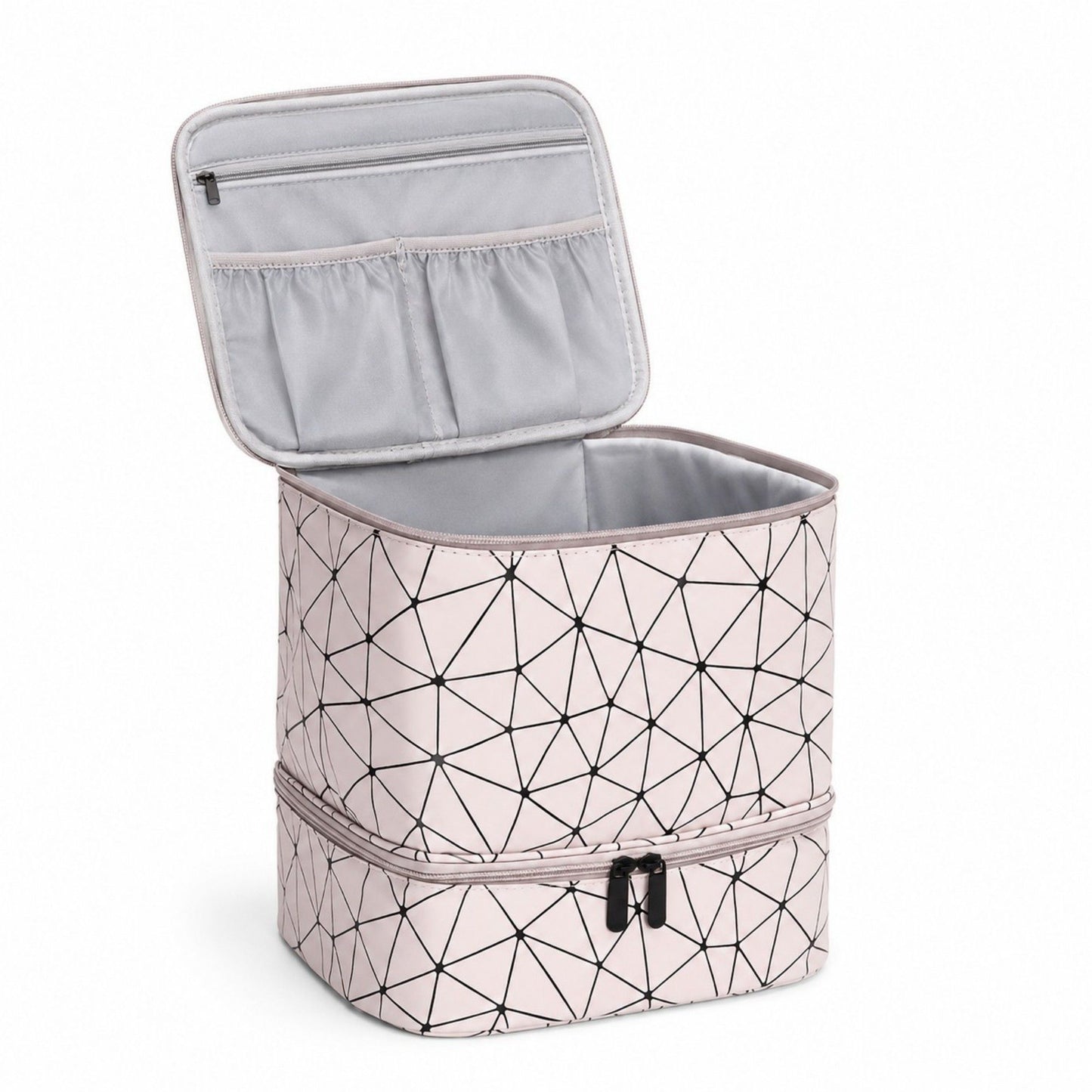 Two-Tier Cosmetic Organizer Bag with Geometric Print Dual Zippers Carry Handle and Interior Pockets