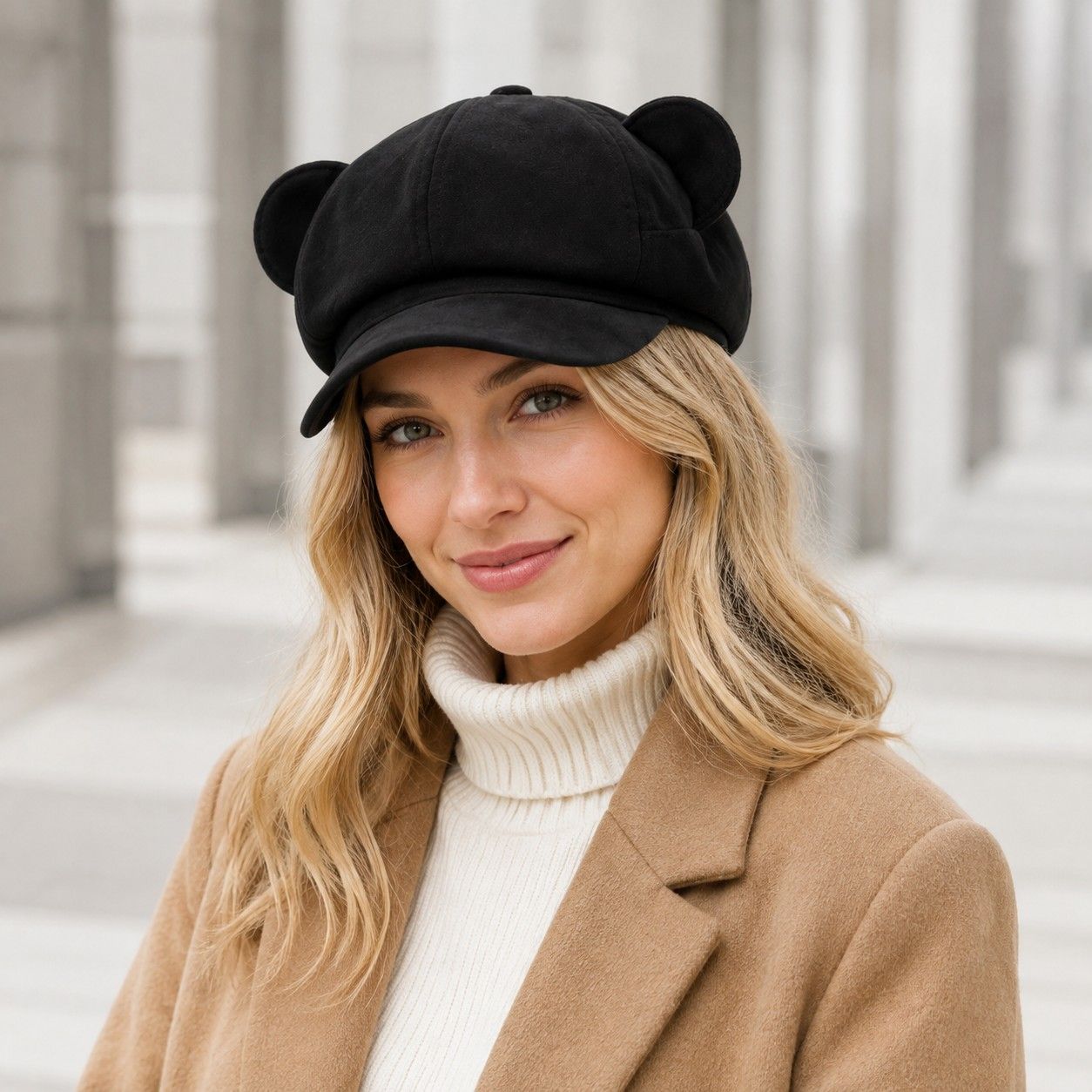 Faux Suede Bear Ear Newsboy Cap Cute Short Brim Baker Boy Hat