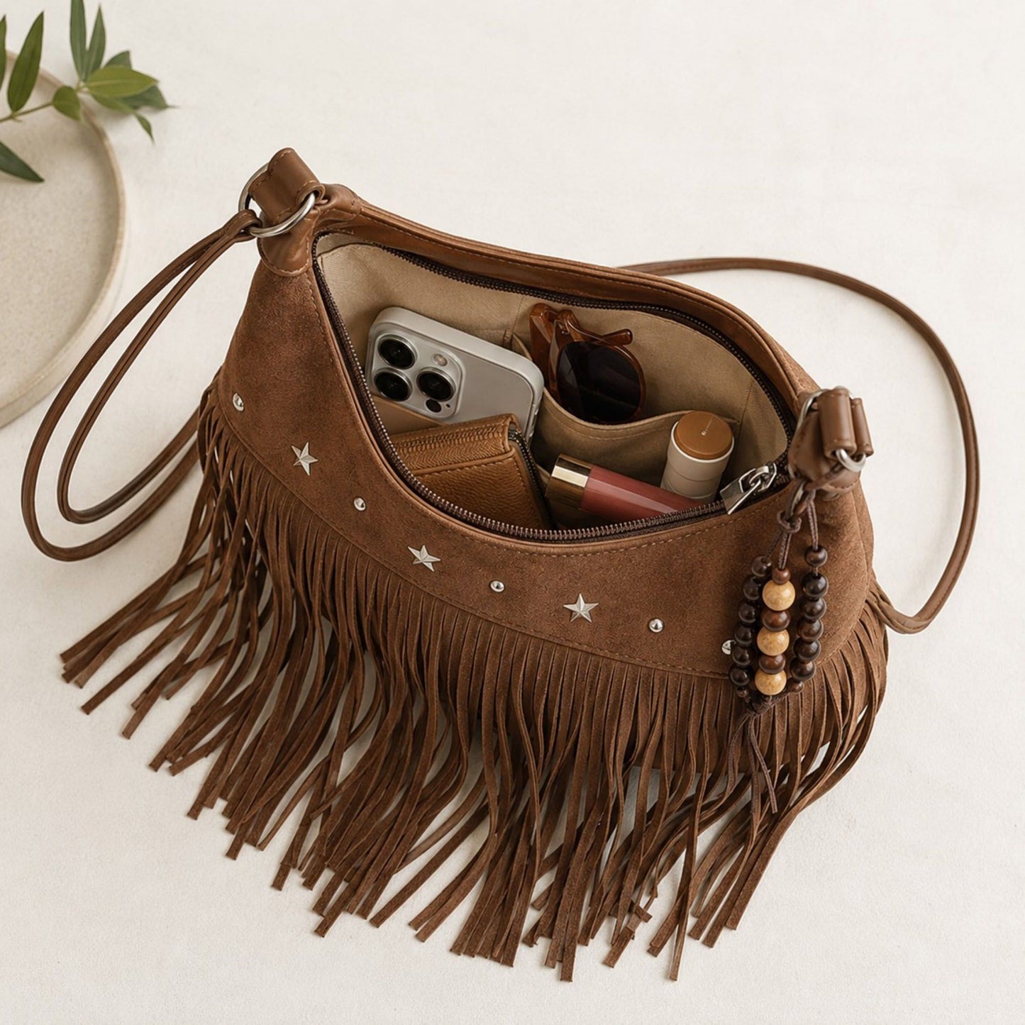 Suede-Like Fringe Hobo Shoulder Bag with Studded Star and Beaded Charm Details