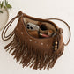 Suede-Like Fringe Hobo Shoulder Bag with Studded Star and Beaded Charm Details