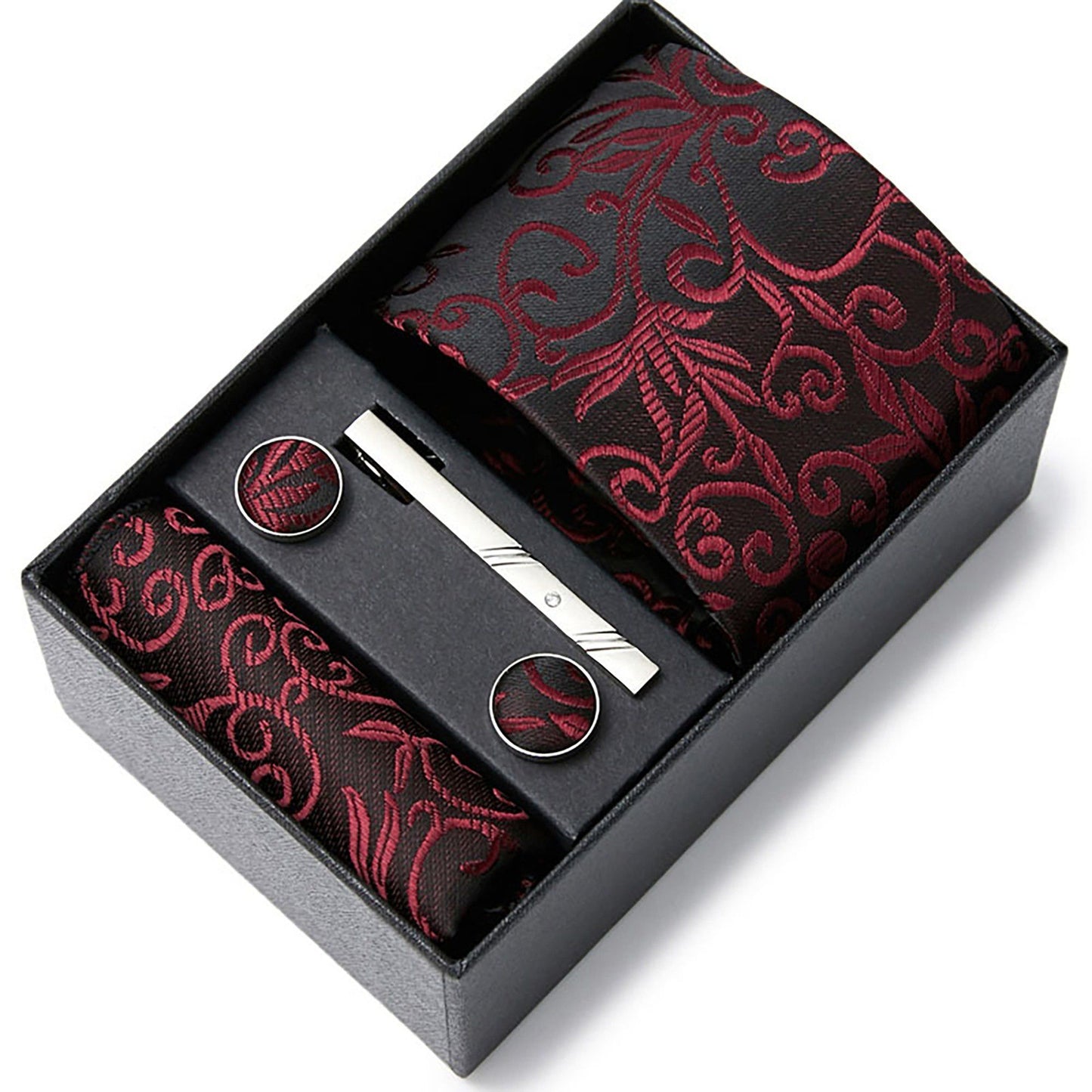 Men's Baroque Floral Tie Gift Set with Matching Pocket Square Cufflinks and Silver Tie Clip