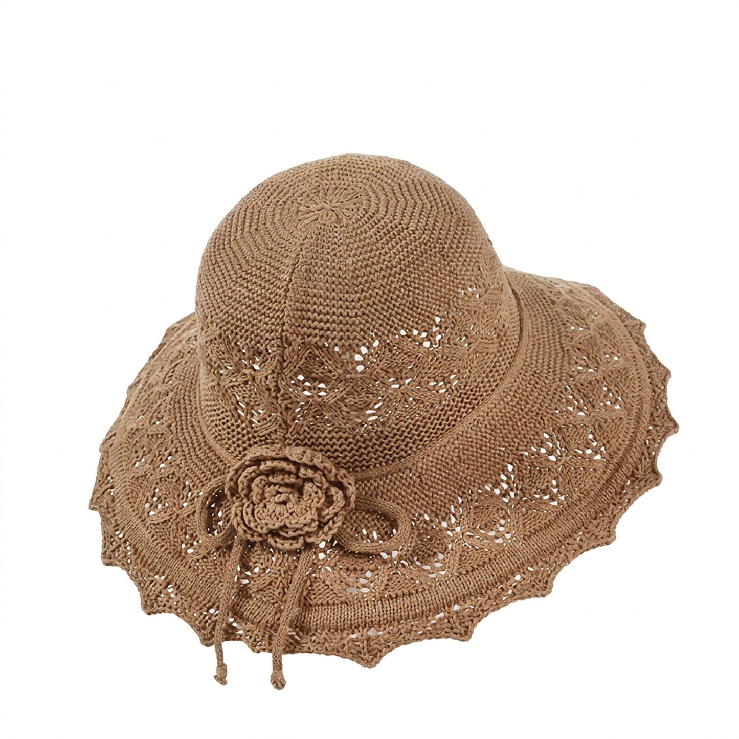 Crochet Wide Brim Sun Hat with Scalloped Edge Floral Accent and Chin Strap