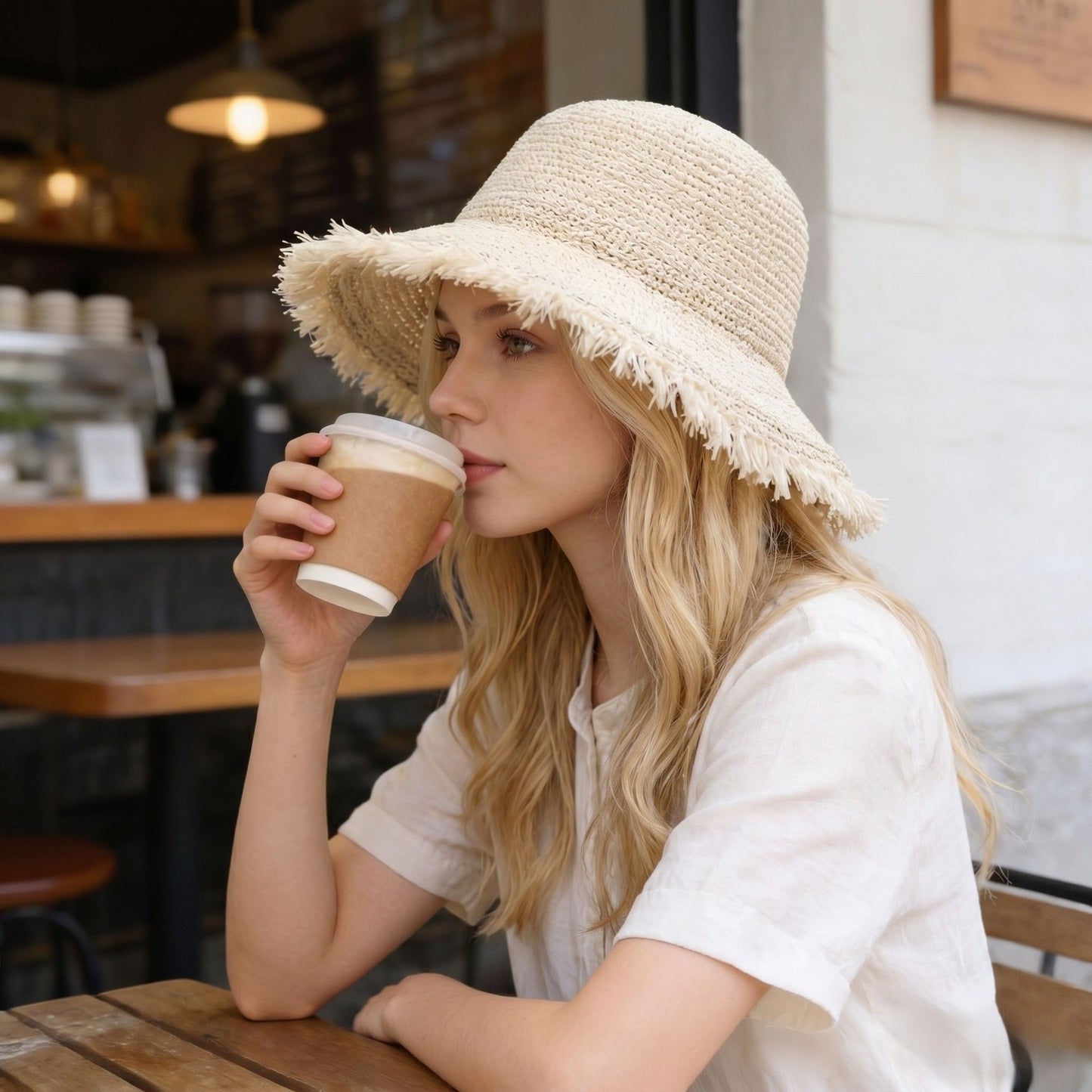 Straw Bucket Hat Frayed Edge Wide Brim Sun Hat Summer Beach UV Protection Cap