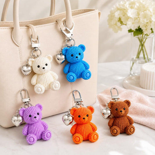 5pc Teddy Bear Keychain Bag Charms with Heart Pendant Clip for Bags Backpacks and Keys
