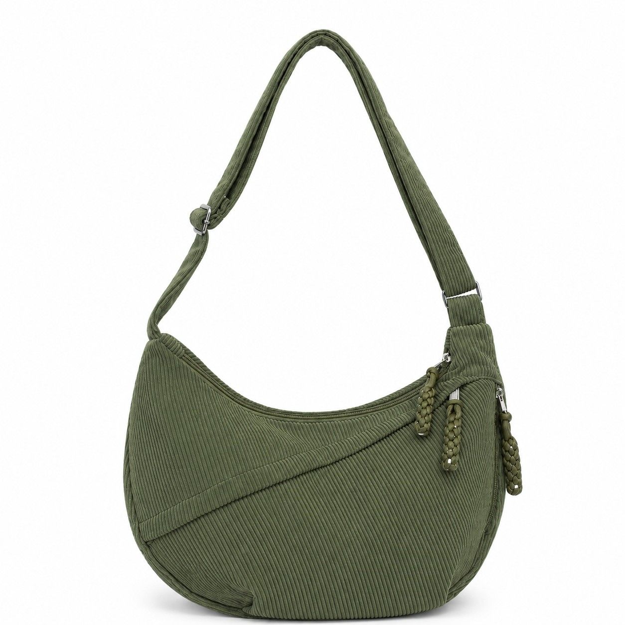 Corduroy Crescent Crossbody Bag with Adjustable Strap and Zip Pockets