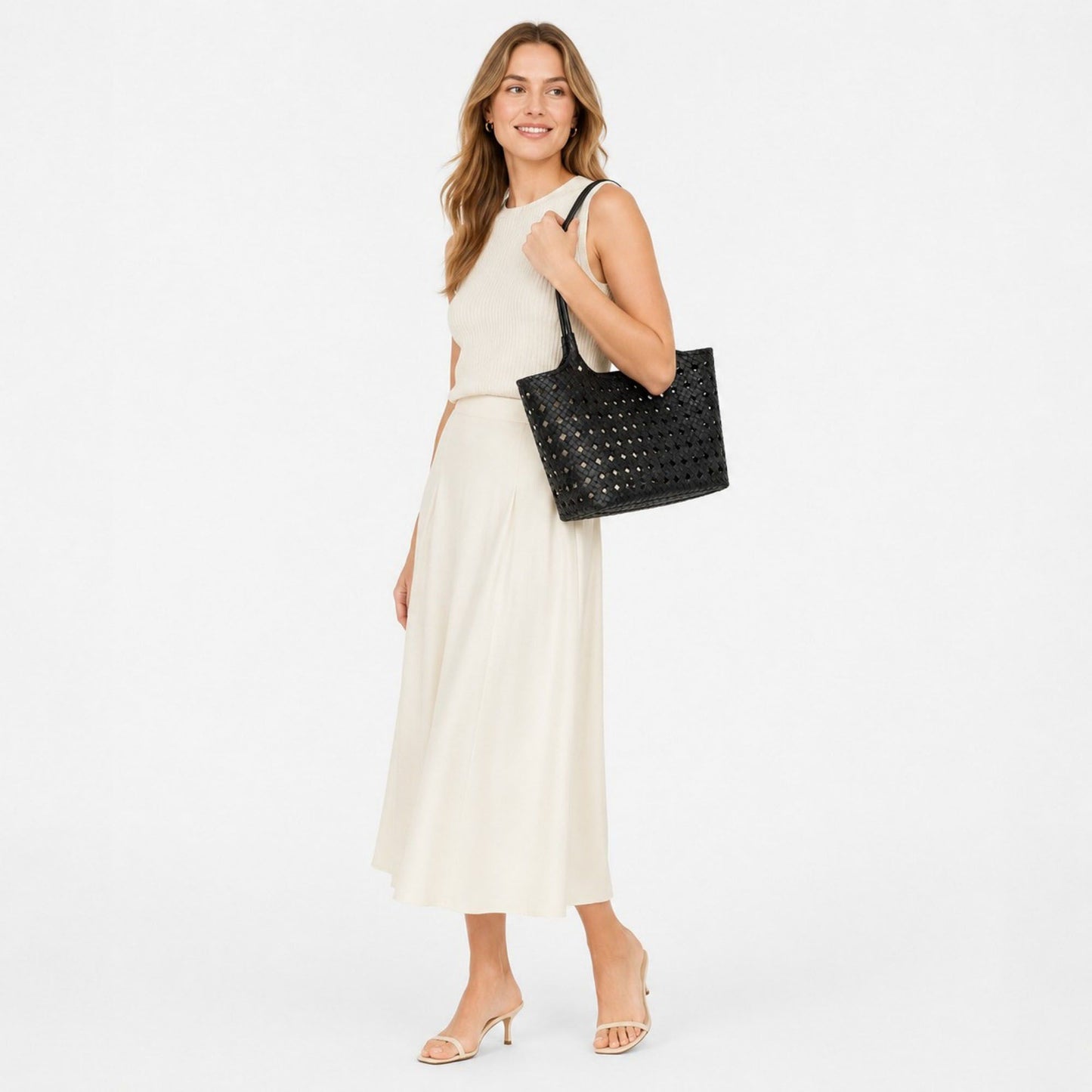 Woven Shoulder Bag with Cutout Design Soft Faux Leather Feel Tote and Inner Pouch