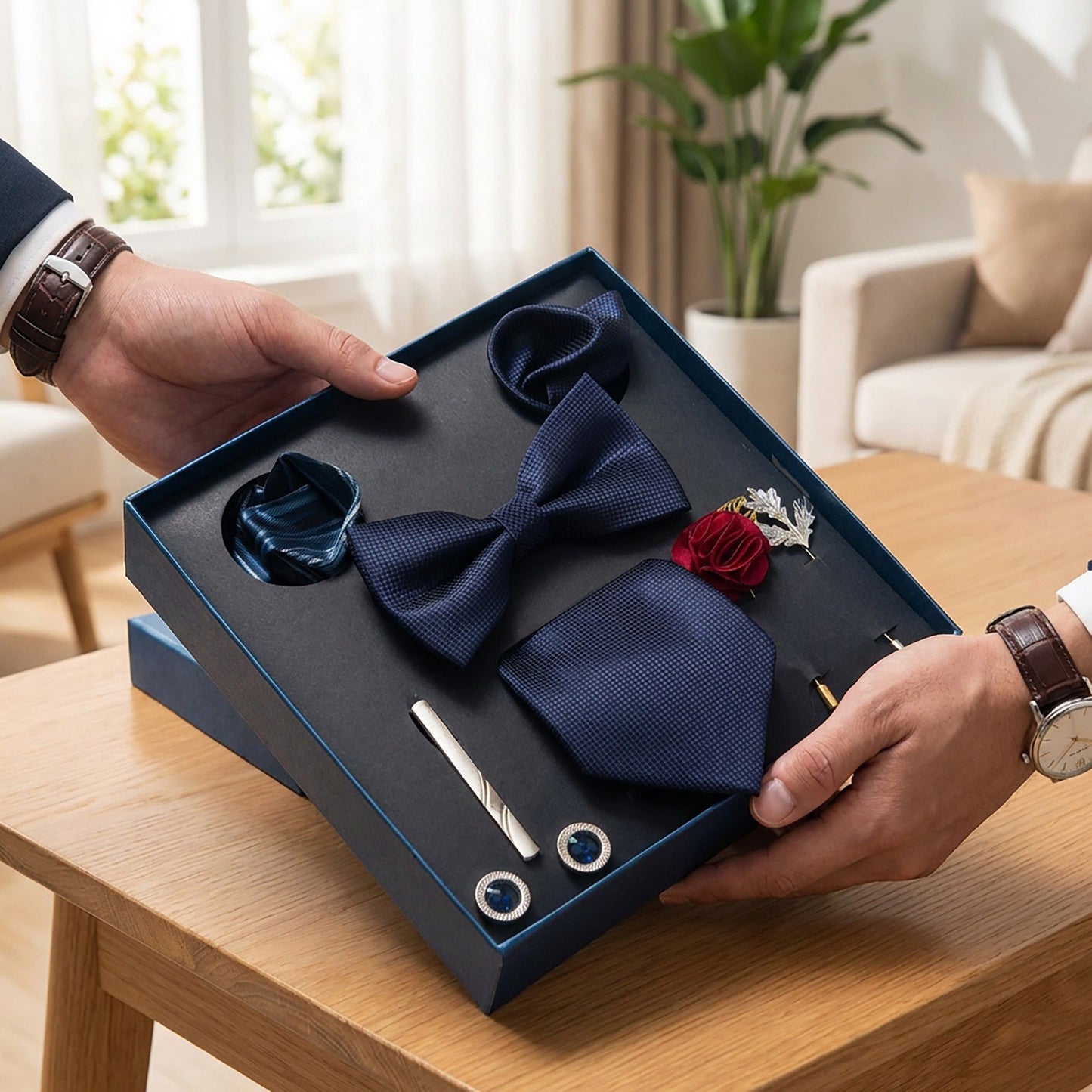 Men's Micro Grid Pattern Bow Tie Gift Set Pre-Tied Bowtie Pocket Square Cufflinks Tie Clip Formal Accessory Set