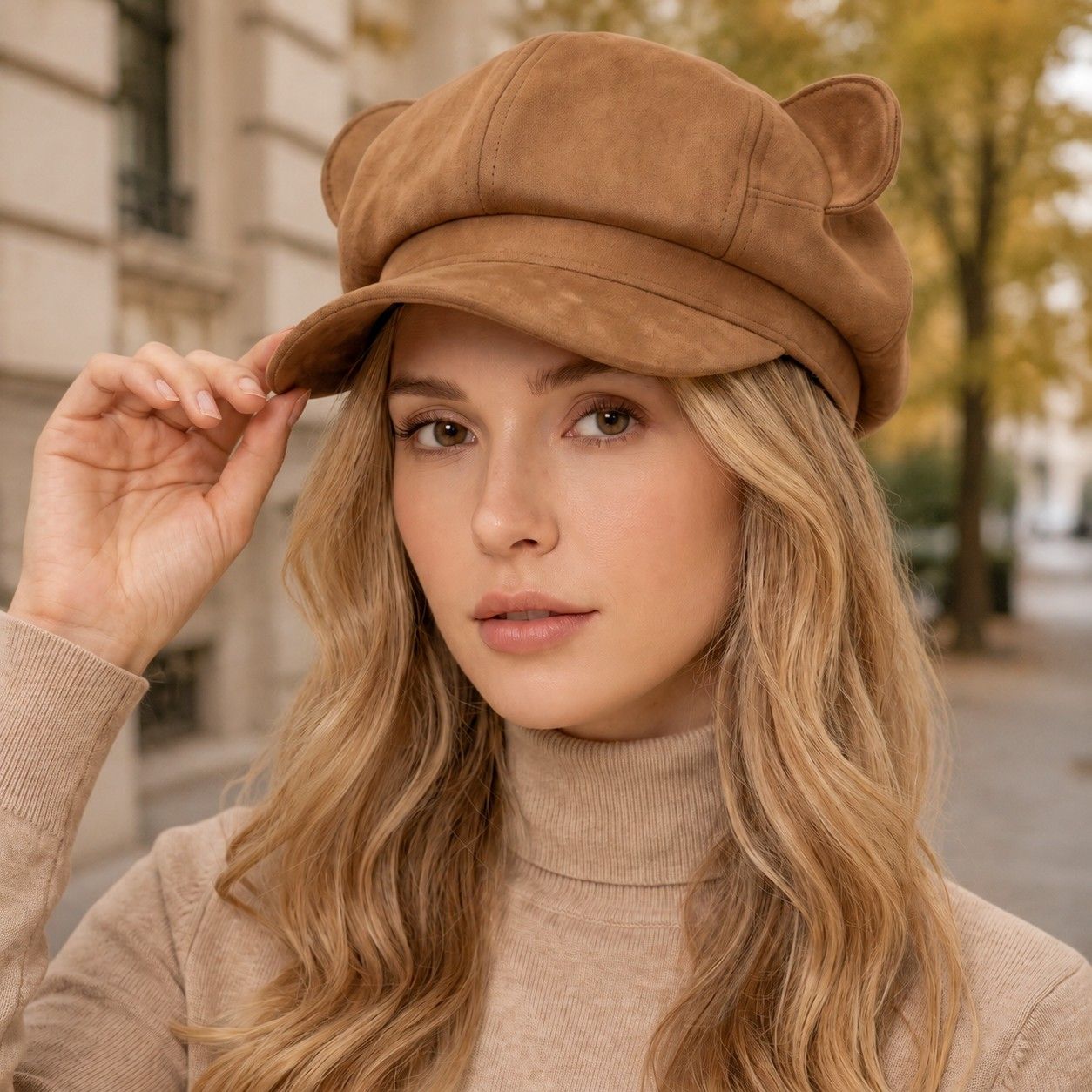 Faux Suede Bear Ear Newsboy Cap Cute Short Brim Baker Boy Hat