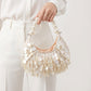 Shell Disc Embellished Shoulder Bag with Faux Pearl Handle Beaded Fringe Handbag 9.5x4.5x0.6 in