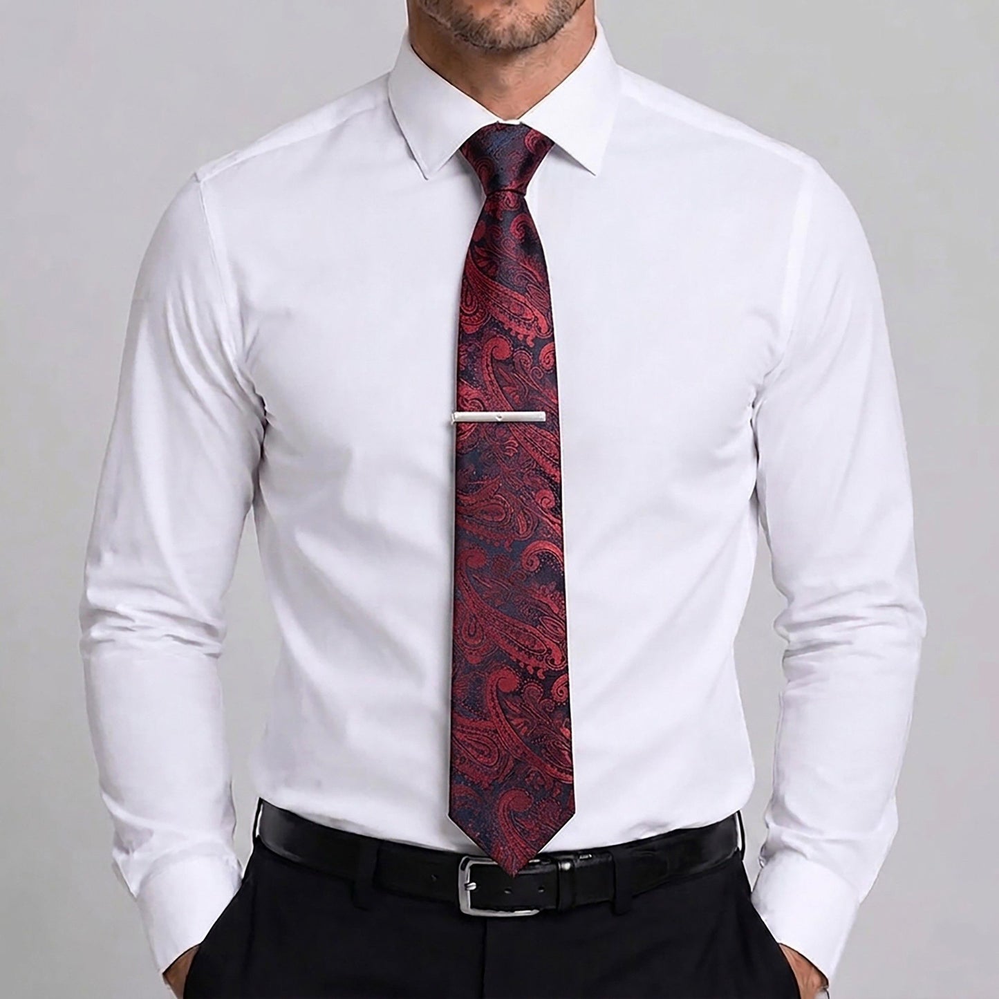 Men's Floral Pattern Tie Gift Set with Matching Pocket Square Cufflinks and Silver Tie Clip