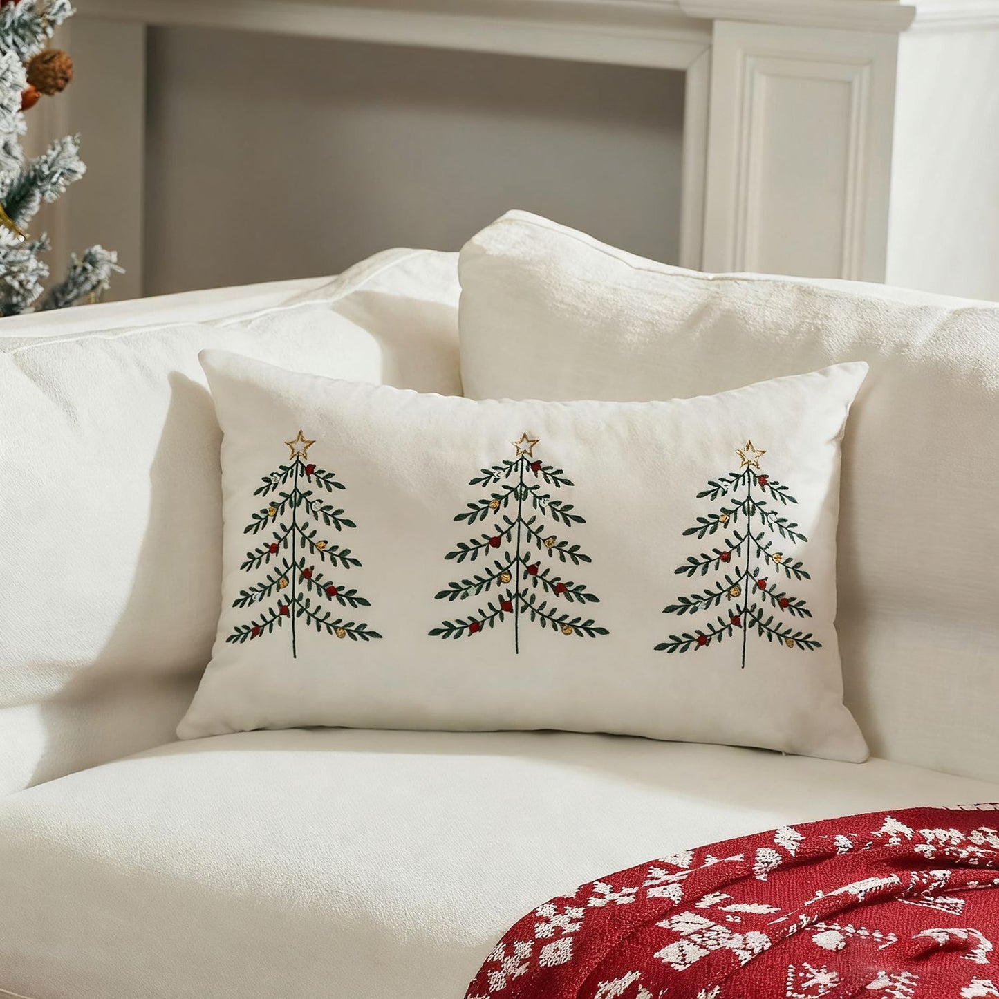 Christmas Tree Embroidered Plush Lumbar Throw Pillow Cover 12 x 20 Inch 1 Pack