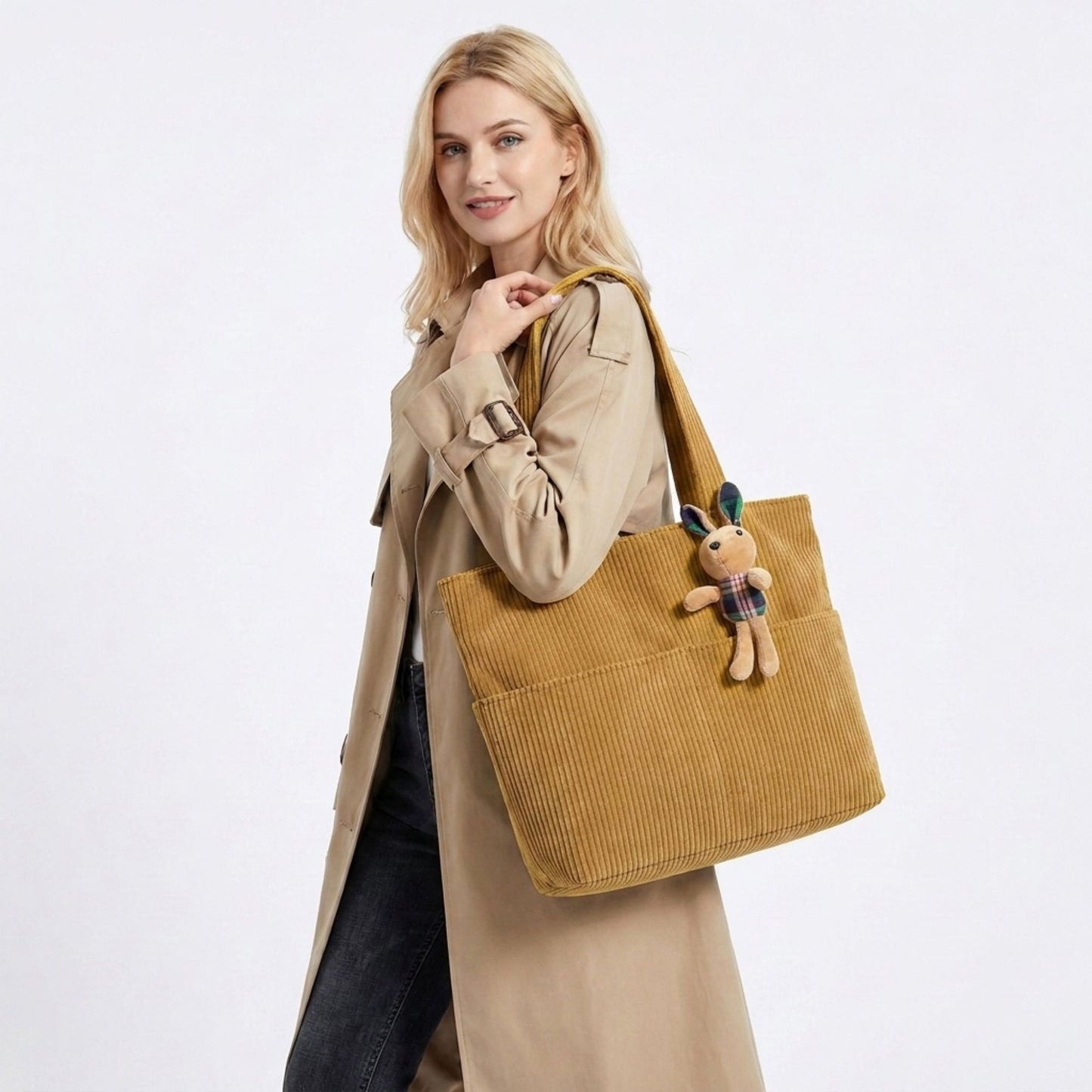 Corduroy Tote Bag Large Capacity Shoulder Bag with Front Pocket and Zipper Closure