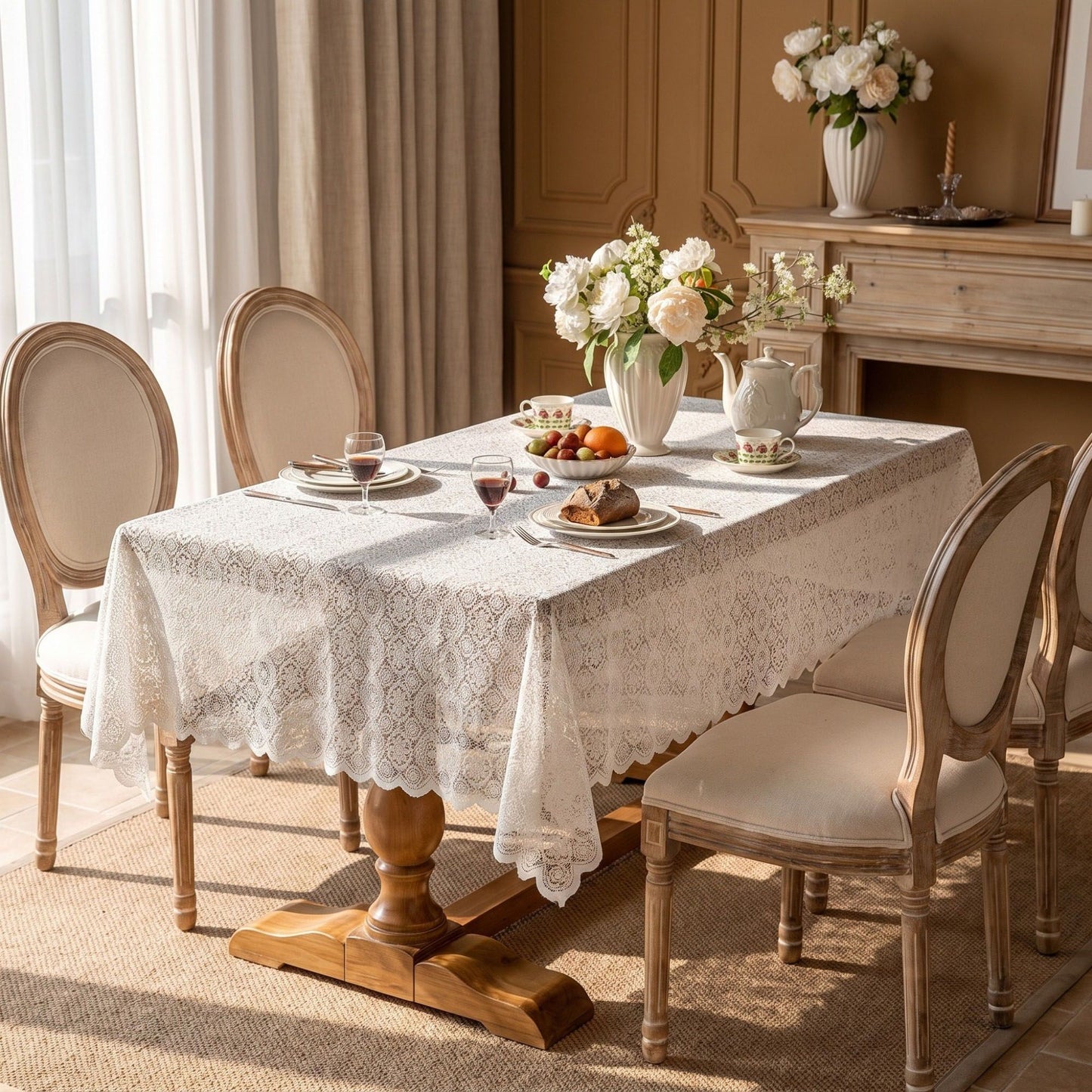 Off White Floral Lace Square Tablecloth with Scalloped Edges 55.1x55.1in