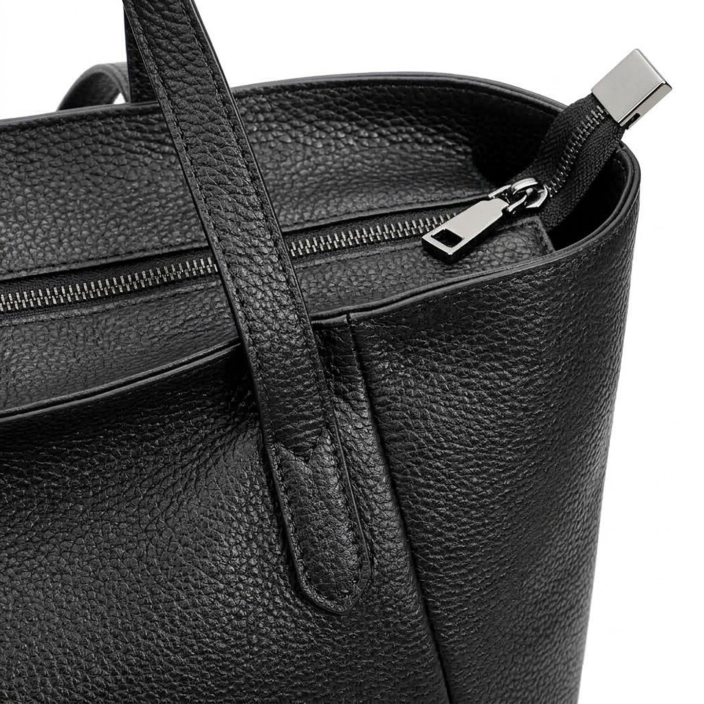 Large Faux Leather Zip Top Tote Bag with Double Shoulder Straps