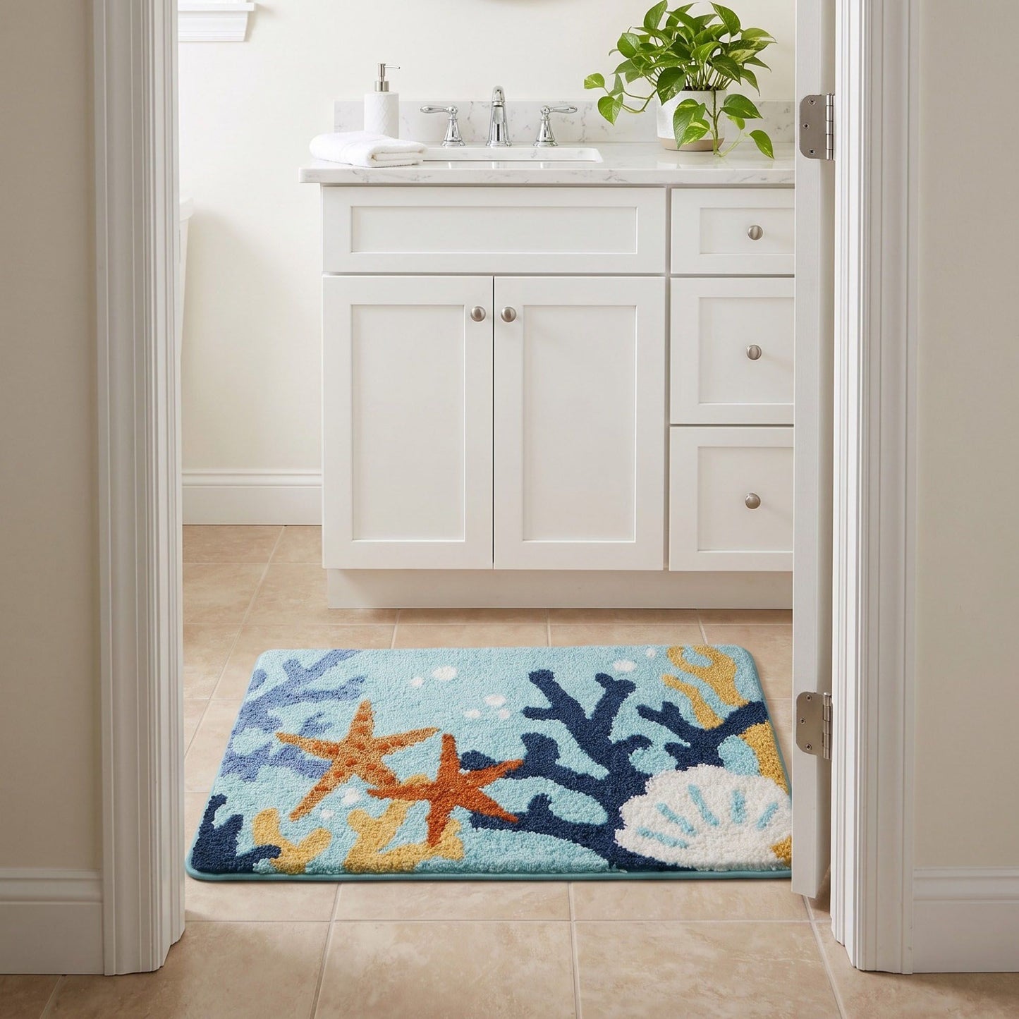 Coastal Beach Scene Plush Bathroom Mat with Umbrella and Ocean Wave Design