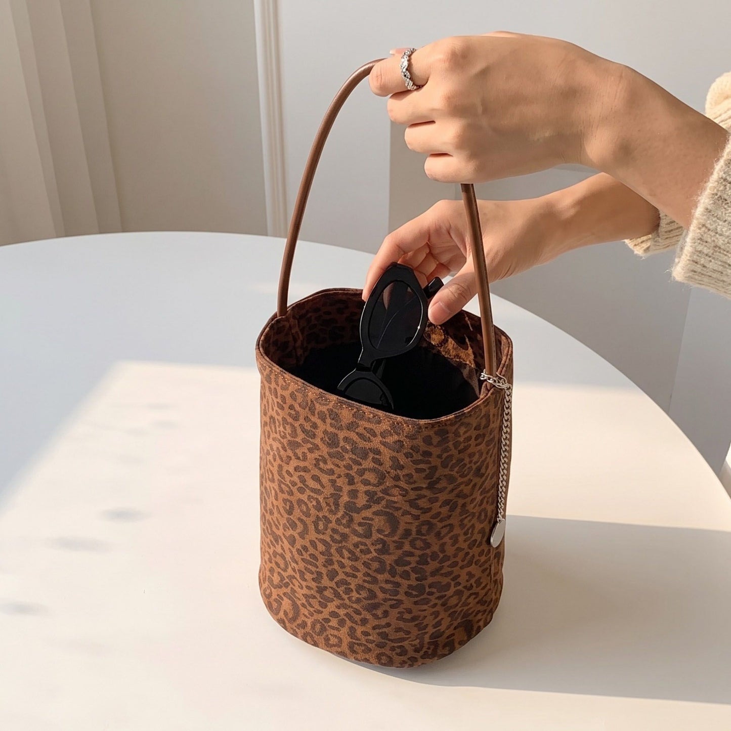 Leopard Print Bucket Shoulder Bag with Chain Charm