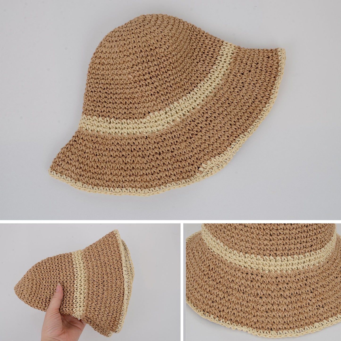 Packable Crochet Straw Bucket Hat with Two-Tone Design Lightweight Summer Sun Hat for Beach Travel Hiking Outdoor Use