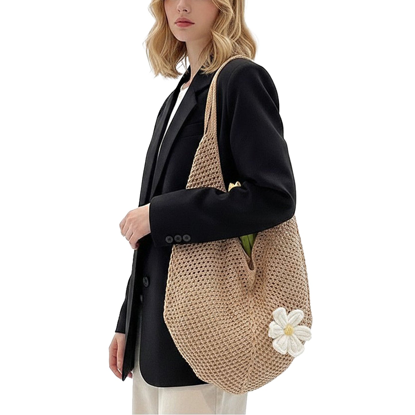Woven Crochet Hobo Shoulder Bag Lightweight Knit Slouchy Tote with Flower Detail