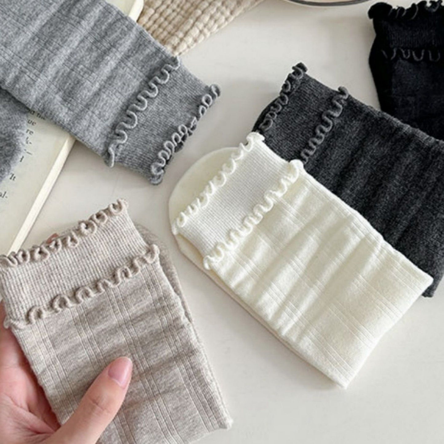 3-Pair Women's Soft Ribbed Crew Socks with Lettuce Edge Cuff Stretch Cotton Feel Everyday Comfort Set
