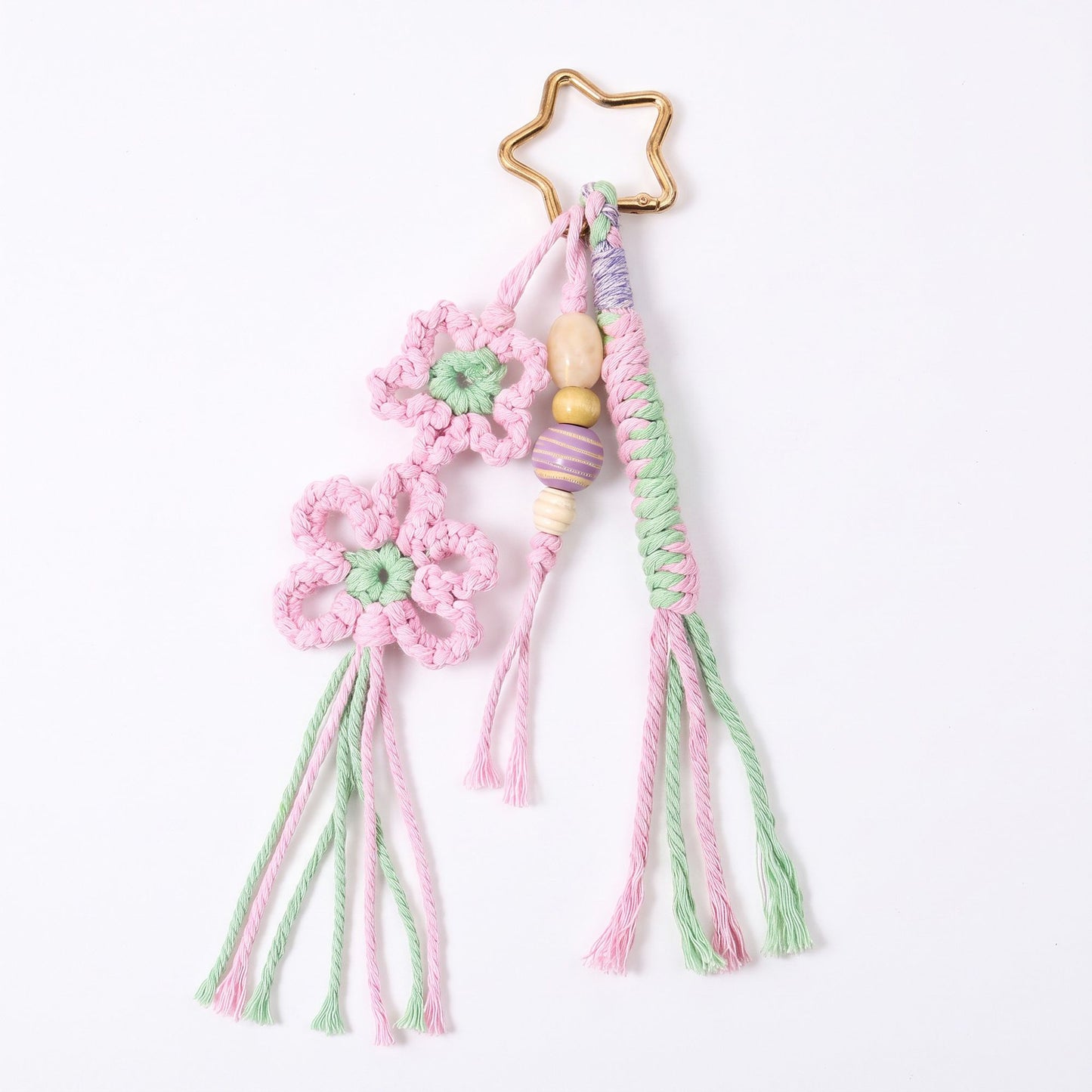 Pink Macrame Flower Bag Charm with Beads Braided Tassels and Star Clip