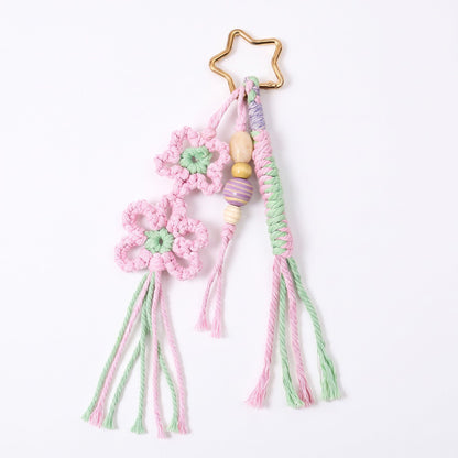 Pink Macrame Flower Bag Charm with Beads Braided Tassels and Star Clip