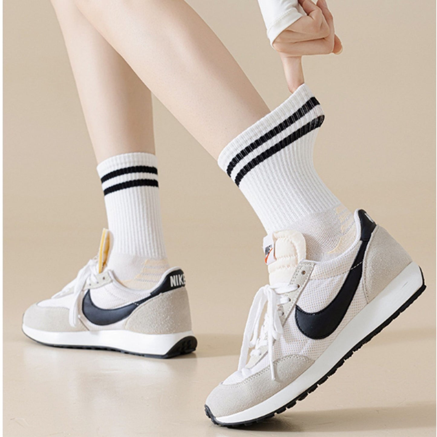 2-Pair Set Crew Athletic Socks with Striped Cuffs and Full Sole Grip for Yoga Fitness