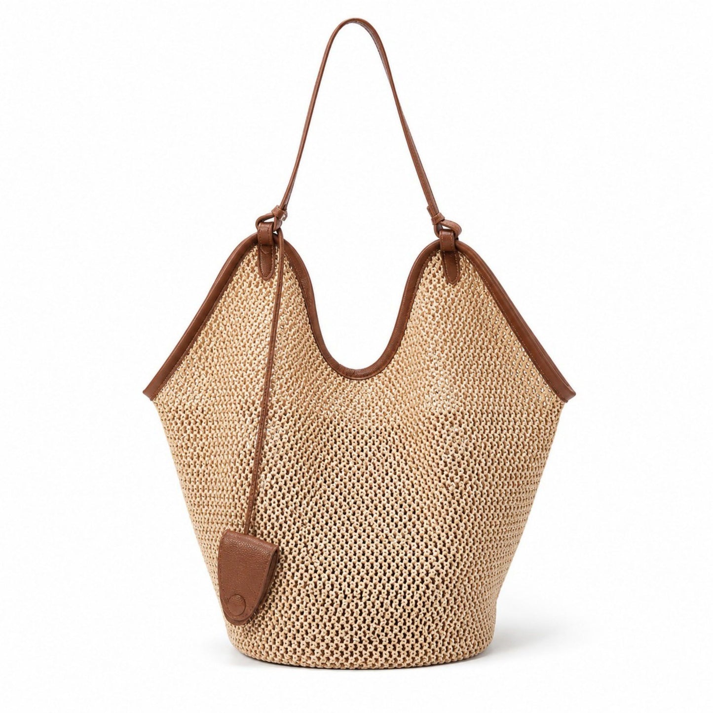 Woven Straw Style Tote Bag Large Capacity Shoulder Bag with Faux Leather Trim
