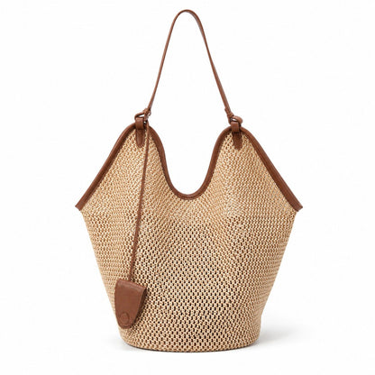 Woven Straw Style Tote Bag Large Capacity Shoulder Bag with Faux Leather Trim