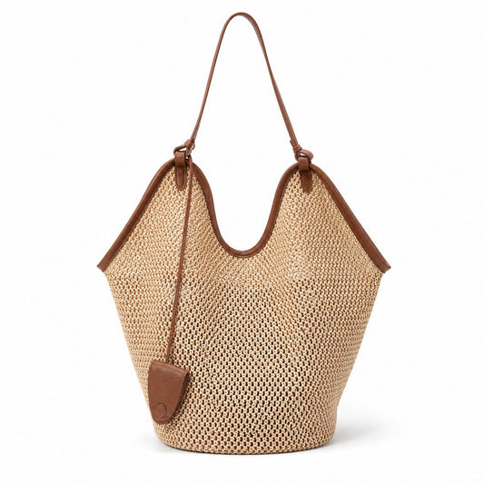 Woven Straw Style Tote Bag Large Capacity Shoulder Bag with Faux Leather Trim