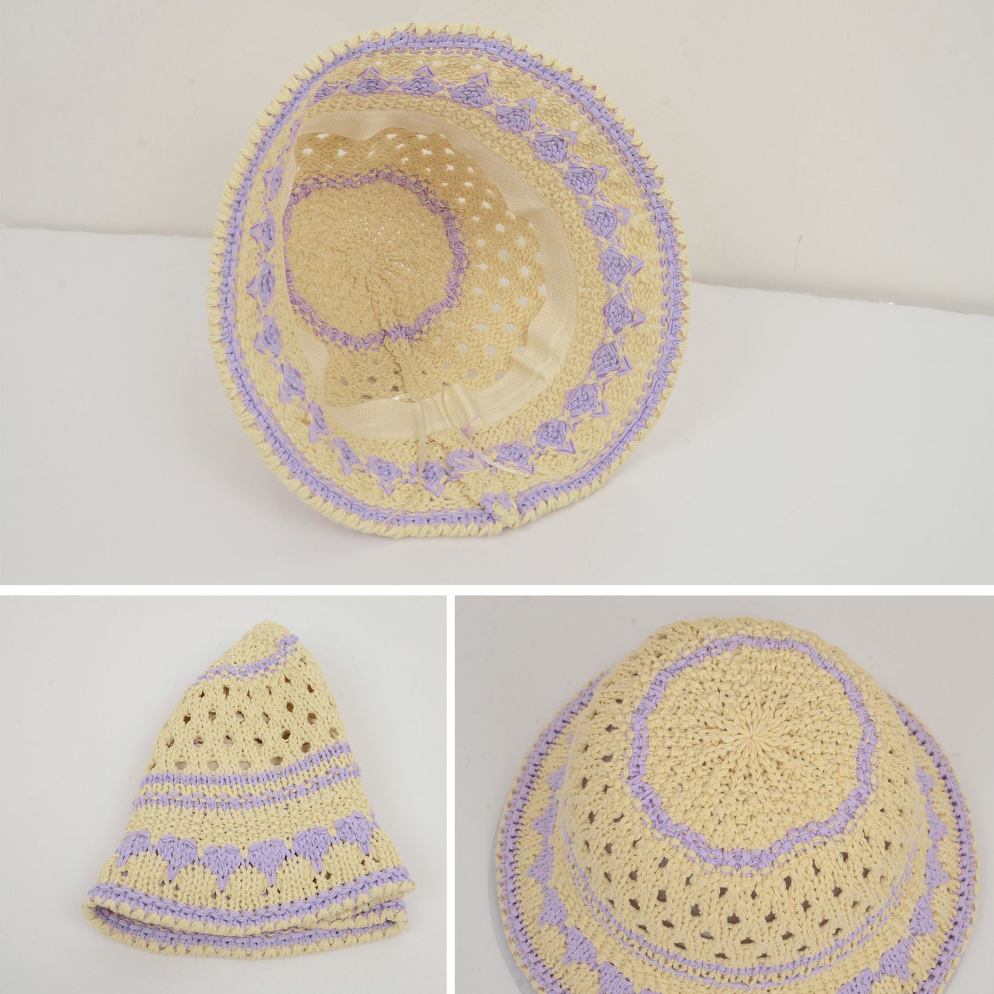 Crochet Knit Bucket Hat with Openwork Floral Pattern and Rolled Brim for Lightweight Summer Style