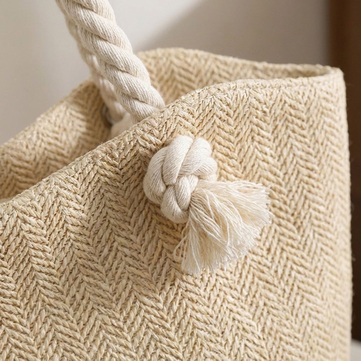 Woven Look Tote Bag with Rope Handles and Zipper Closure