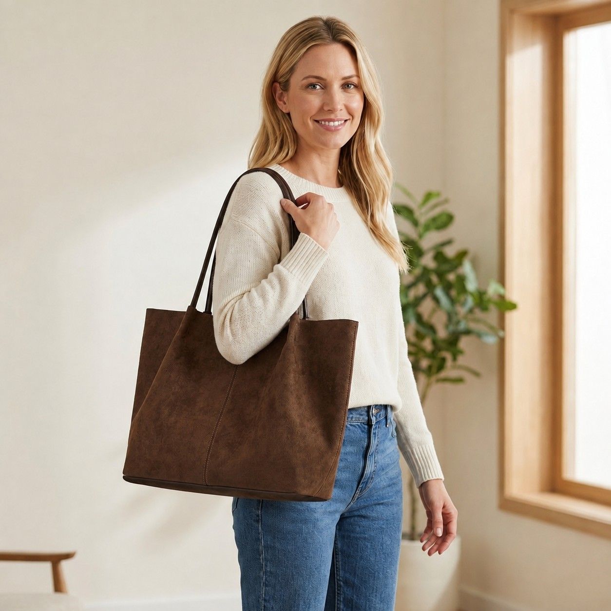 Faux Suede Tote Bag with Removable Zip Pouch and Double Shoulder Handles