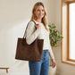 Faux Suede Tote Bag with Removable Zip Pouch and Double Shoulder Handles